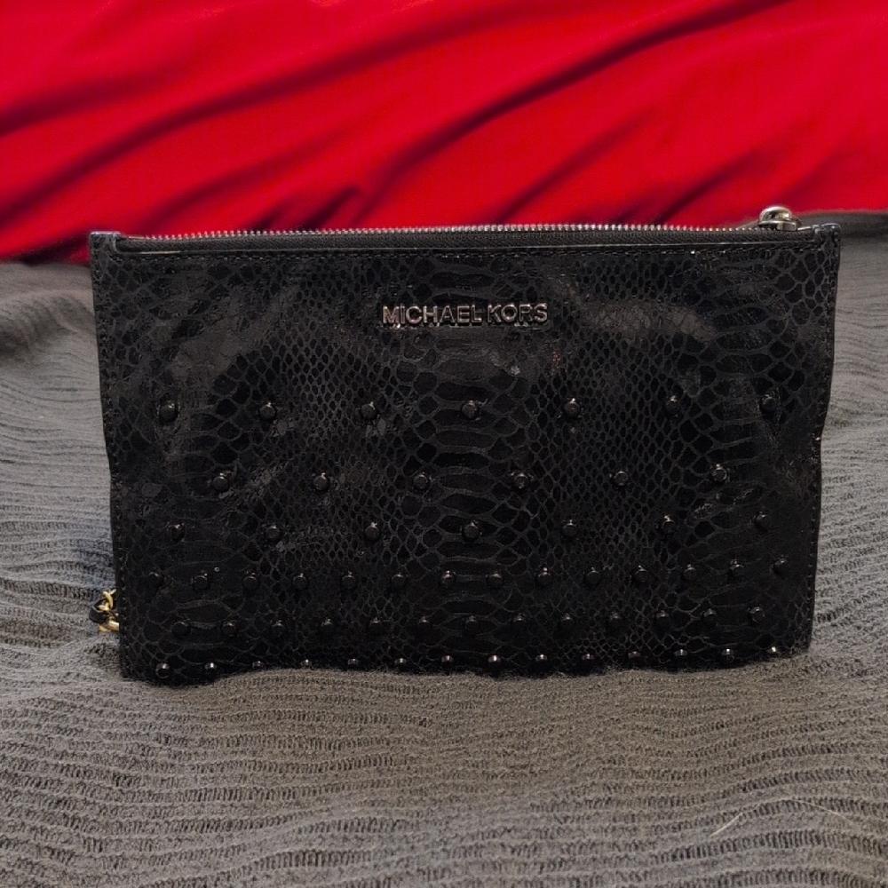 Michael Kors Rhea Black Embossed Snake-Print Clutch‎ Bag Pouch Python